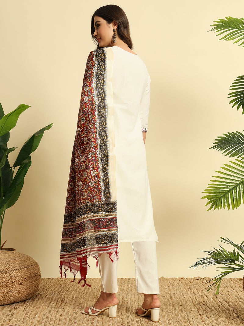VISHVA CREATION Off-White Kurta Set with Vibrant Printed Dupatta for Women - Image 2